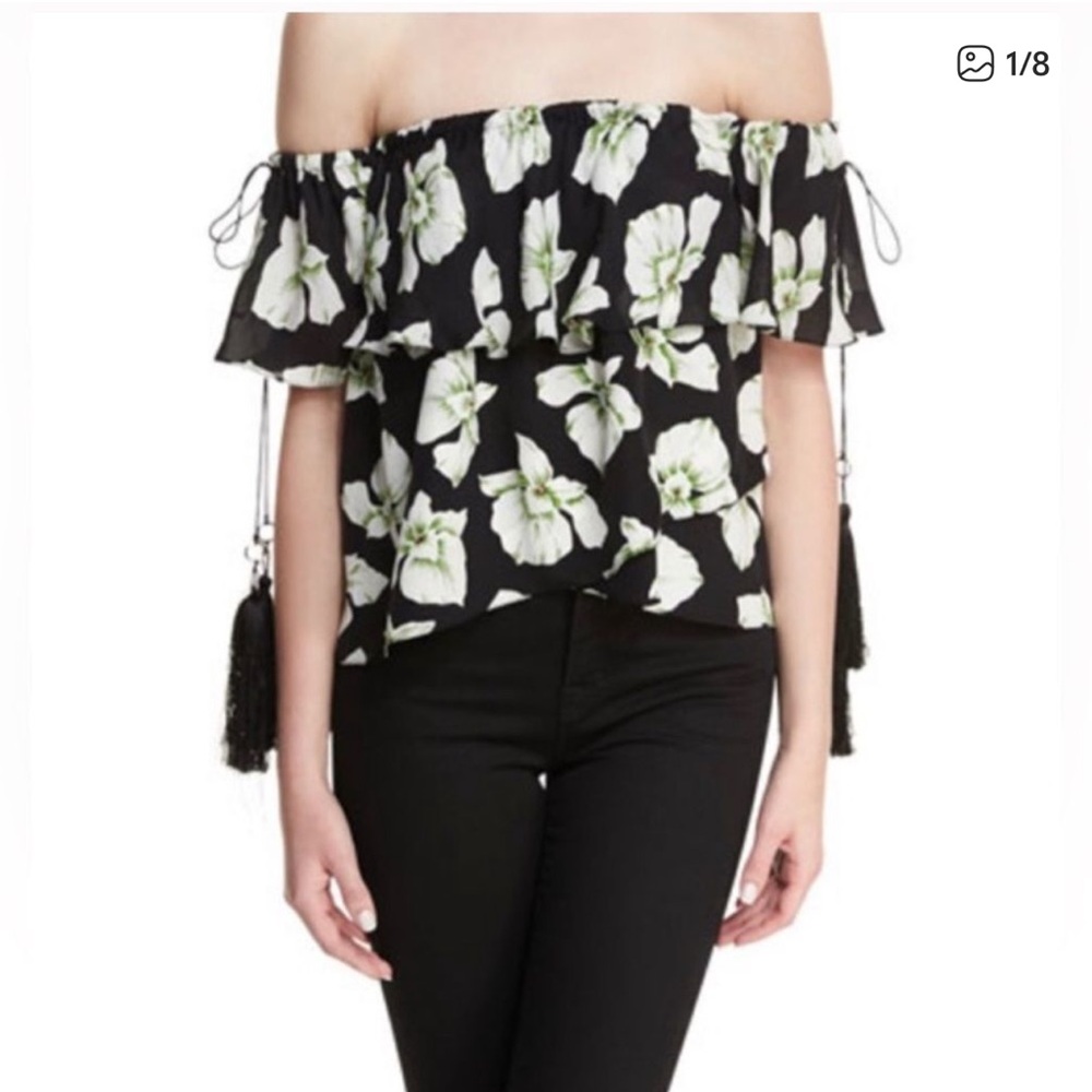 Cinq a Sept “Khalid” orchid silk green and black off the shoulder top